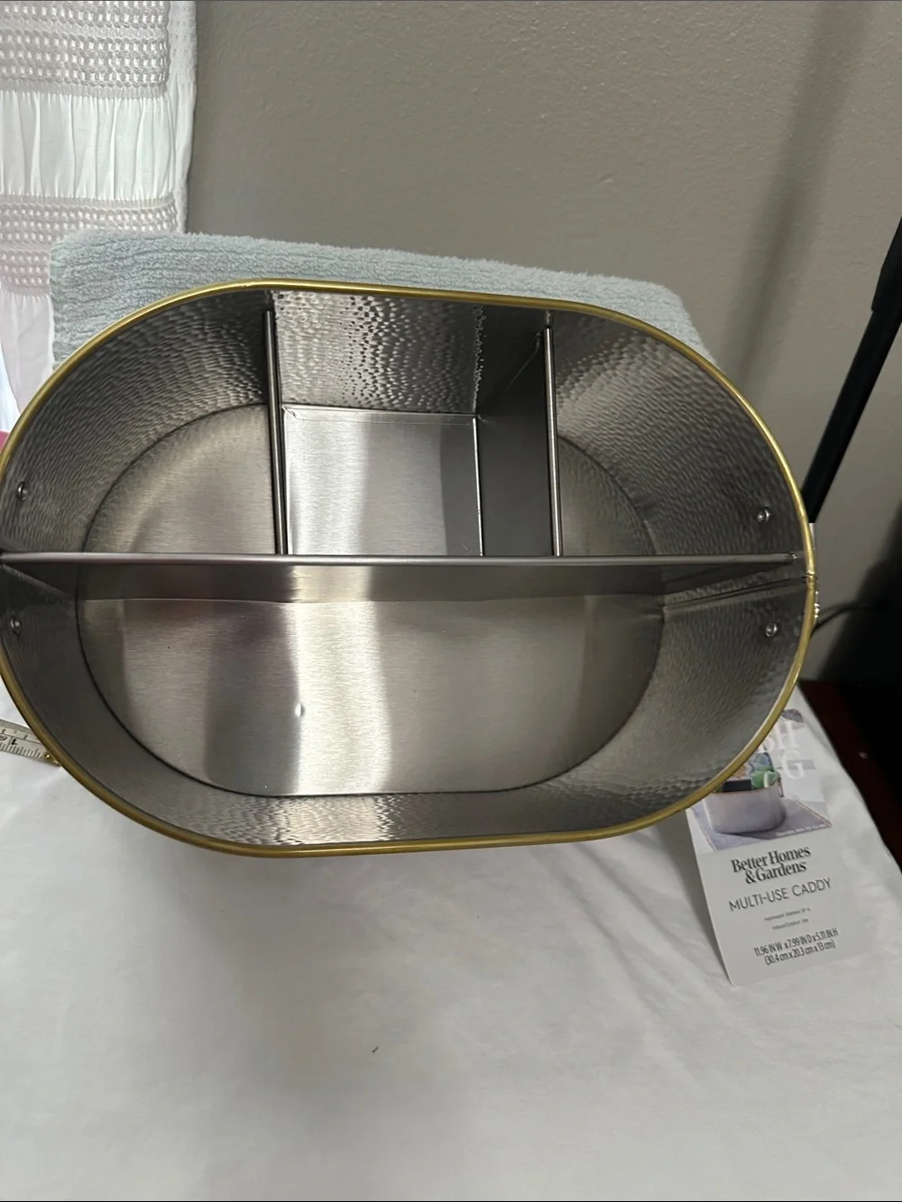 Metal Hammered Oval Storage Basket with Gold Handles NWT